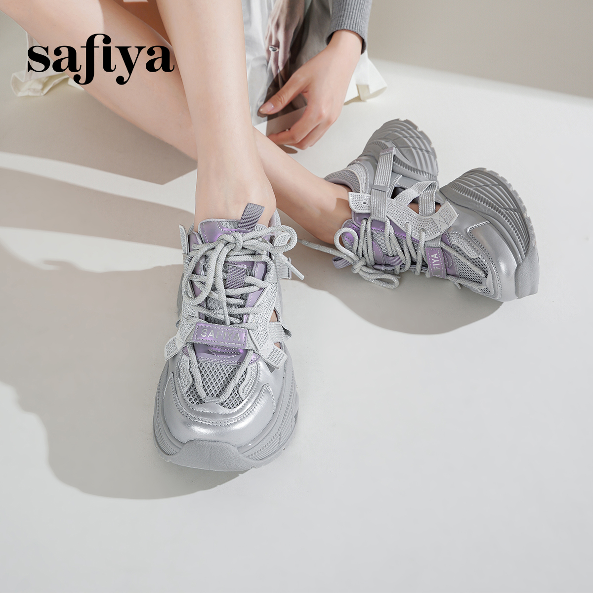 Safiya/索菲娅2025春潮流厚底网面镂空烫钻增高休闲运动老爹鞋女 - 图0