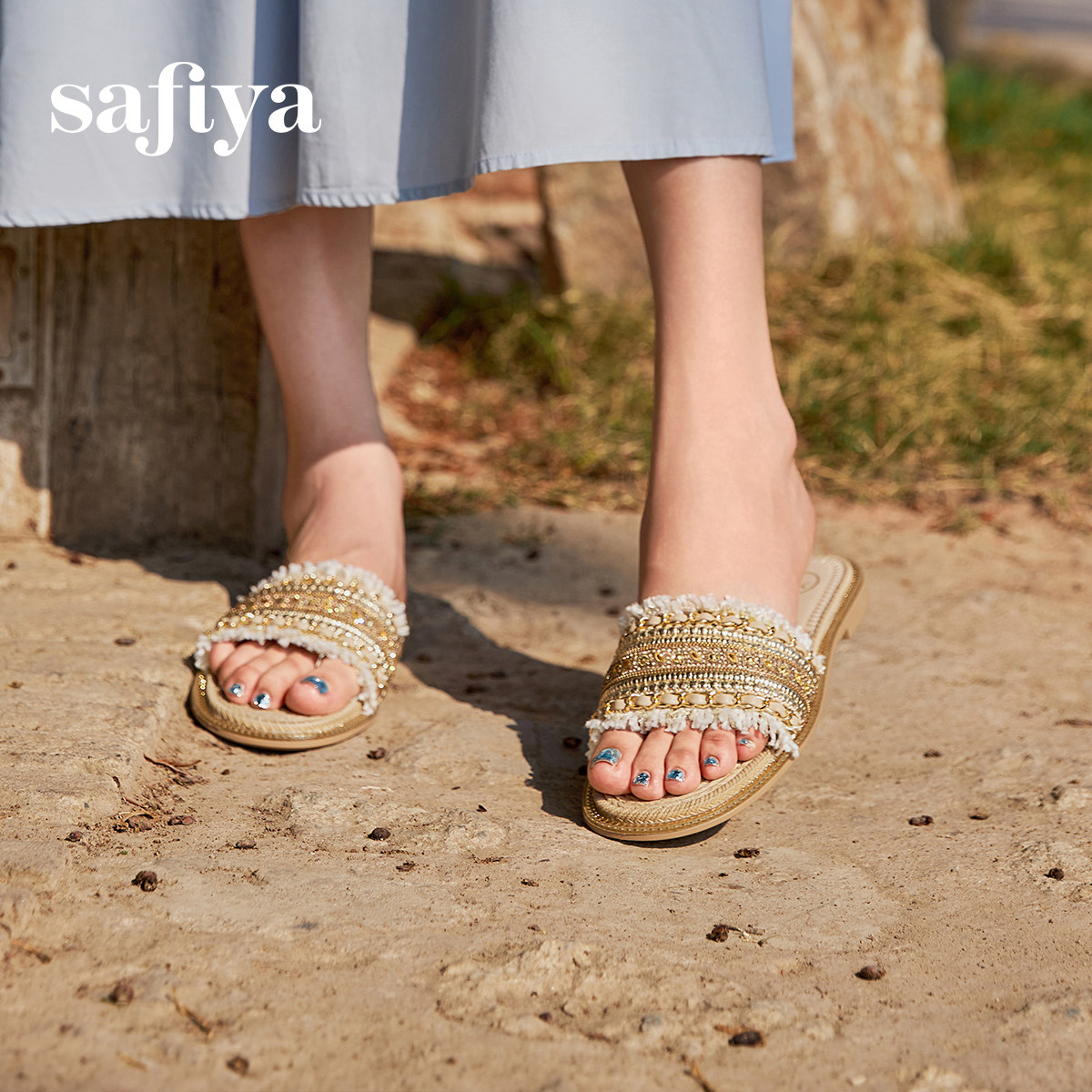 索菲娅波西米亚风凉拖女2025夏季新款时尚小香风平底外穿一字拖鞋,淘宝优惠券,粉丝福利购,淘宝优惠卷