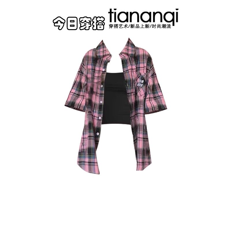 夏日韩系少女穿搭一整套新款格子衬衫吊带显瘦百搭蓬蓬短裙三件套