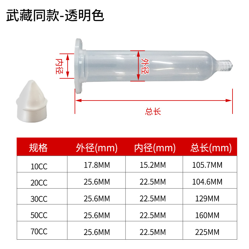 点胶针筒 武藏式针管 日式透明色针筒 点胶胶筒点胶机针筒10-70CC - 图0