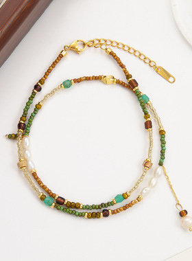 天然石淡水珍珠彩色小米珠串珠细项链单层叠戴波西米亚复古锁骨链