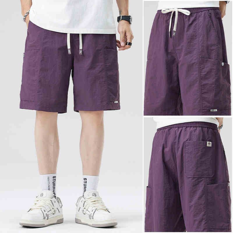 抽绳冰丝五分短裤男2025夏季薄款直筒速干裤子宽松夏装抽绳沙滩裤 - 图0