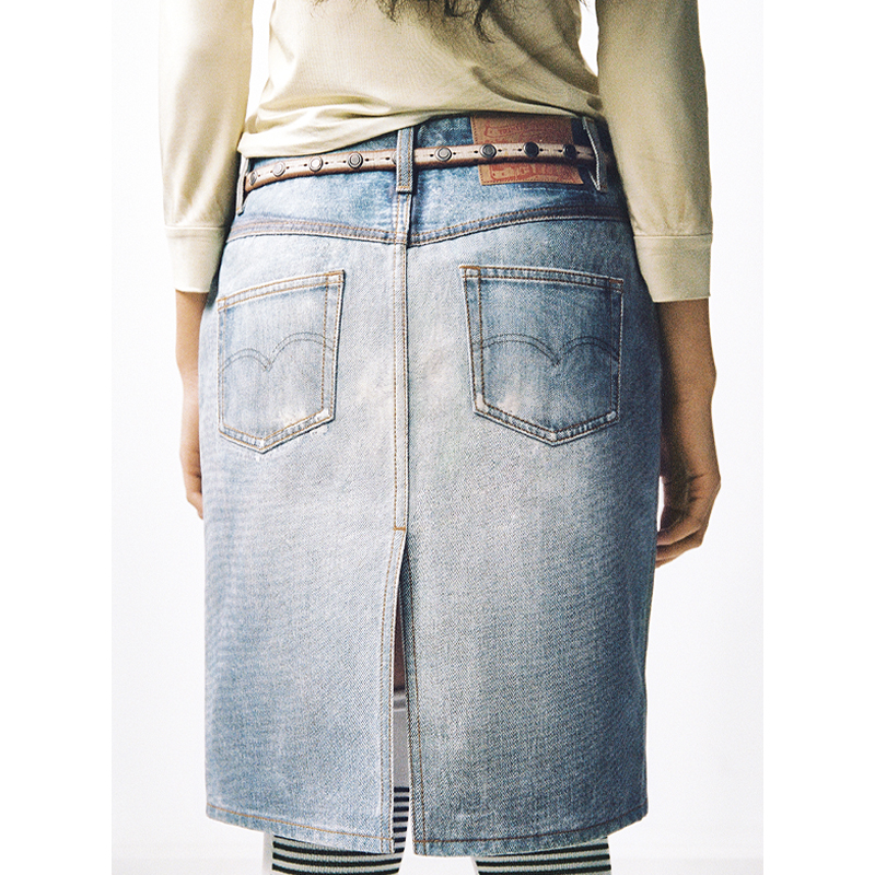 TRINITE*Denim Print Skirt牛仔印花涂层不对称半身裙-图1