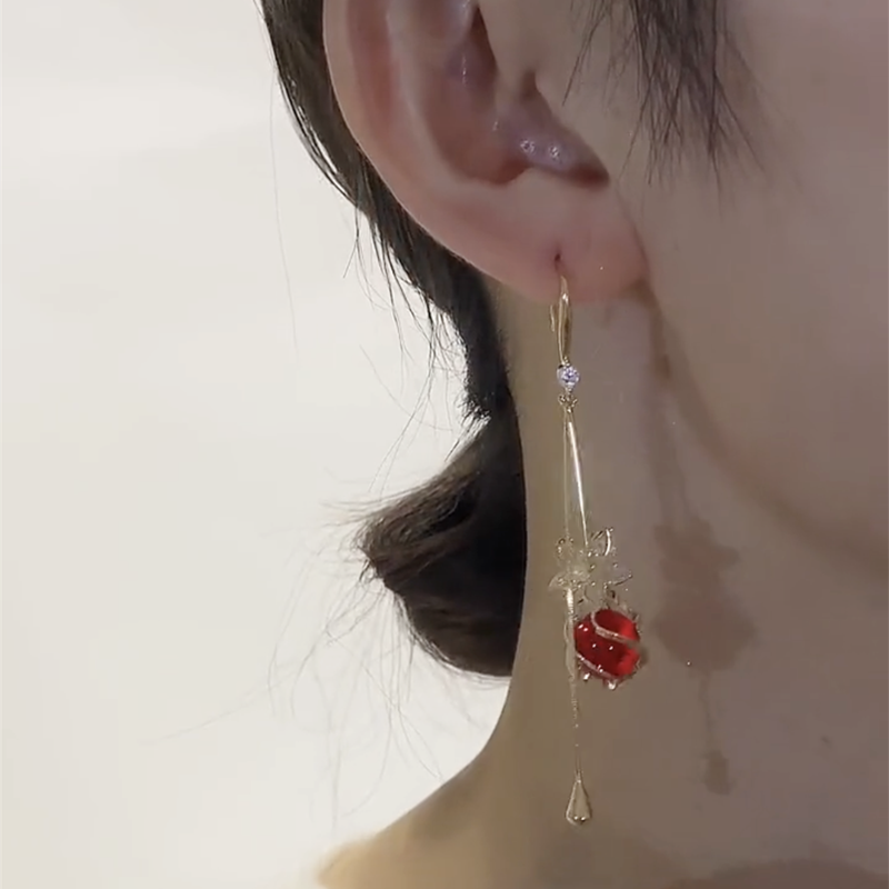 超仙红色猫眼石流苏耳环高级感气质耳钩韩国网红气质锆石花朵耳饰