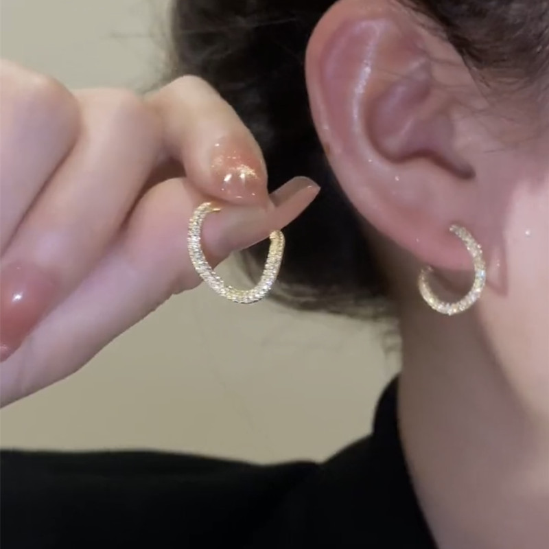 韩国925银针微镶满钻几何圆圈不规则耳钉设计感小众气质耳环耳饰 - 图0