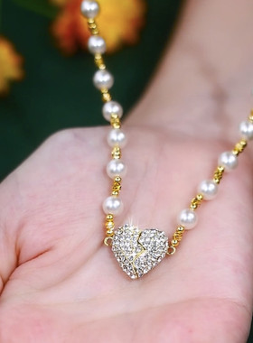 高级感满钻爱心珍珠项链吊坠项链