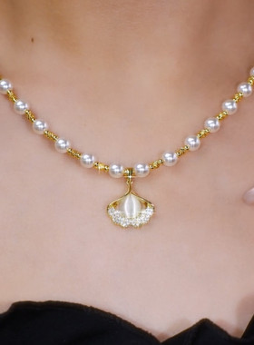 气质猫眼石银杏叶珍珠项链女小众