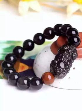 天然冰彩黑曜石貔貅手链