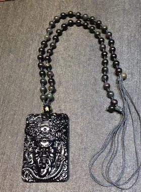 天然黑曜石龙头关公吊坠