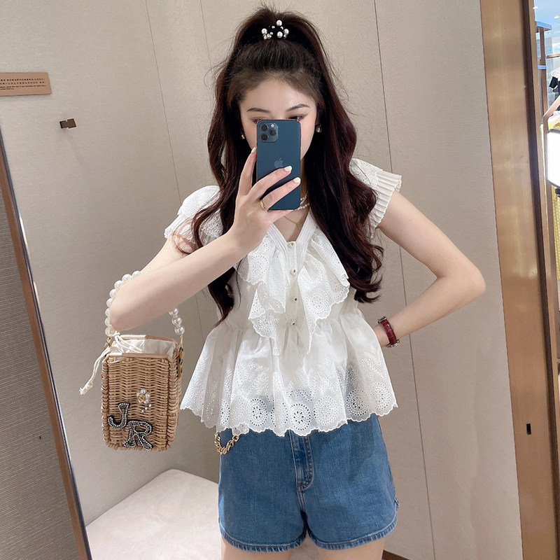 夏季2022年新款荷叶边v领白衬衫 梦纤云大码女装