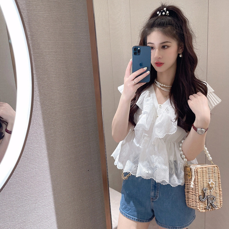 夏季2022年新款荷叶边v领白衬衫 梦纤云大码女装