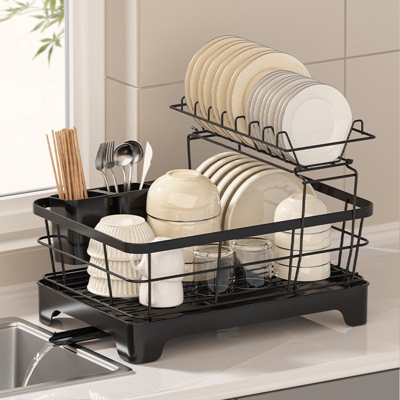 沥水碗架家用碳钢放碗碟收纳架厨房置物架筷子筒双层碗盘沥水架子 - 图1