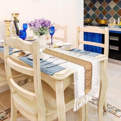 棉麻桌旗拼色棉麻打结镂空流苏餐桌装饰茶席家居少数民族风 - 图1