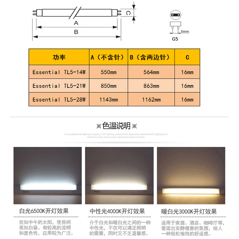 飞利浦t5灯管28W三基色 TL5 14W/865 YZ14RR16/G 21W荧光灯管28W - 图1
