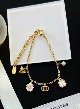 金色花朵小雏菊蜜蜂珍珠吊坠流苏链条手链女个性黄铜饰品