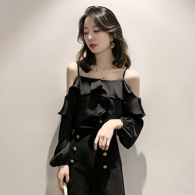 女网红一字肩锁骨2022夏季女装吊带 jajp蕾丝衫/雪纺衫