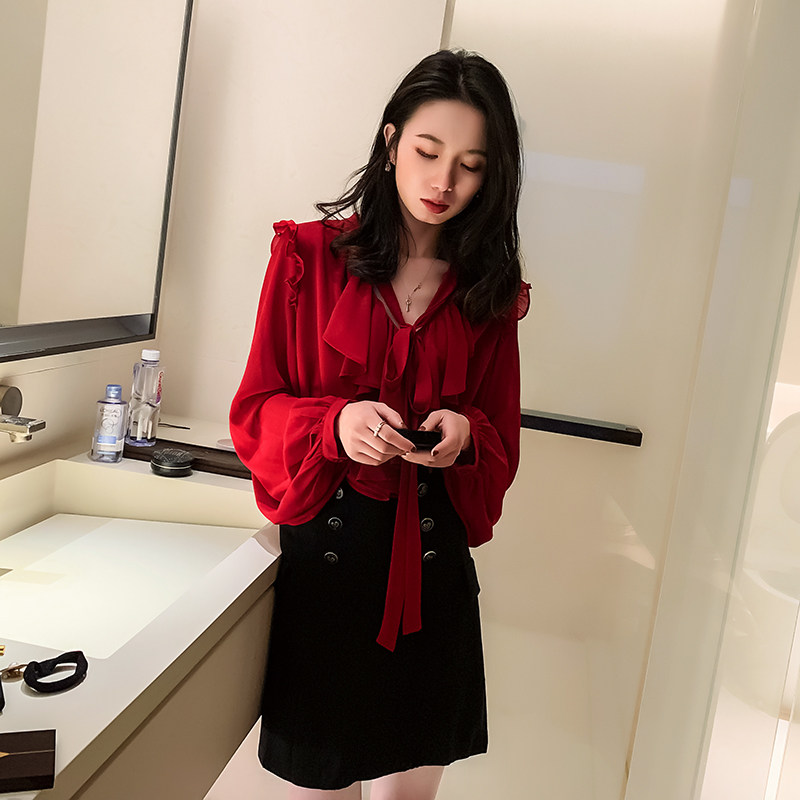 2022春装新款红色雪纺女复古衬衫 jajp衬衫