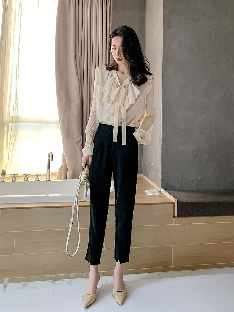 秋气质设计感荷叶边小众长袖女衬衫 jajp衬衫