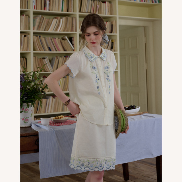SimpleRetro lily of the valley flower mirror 60-count worsted cotton doll French collar color cut edge embroidered suit skirt