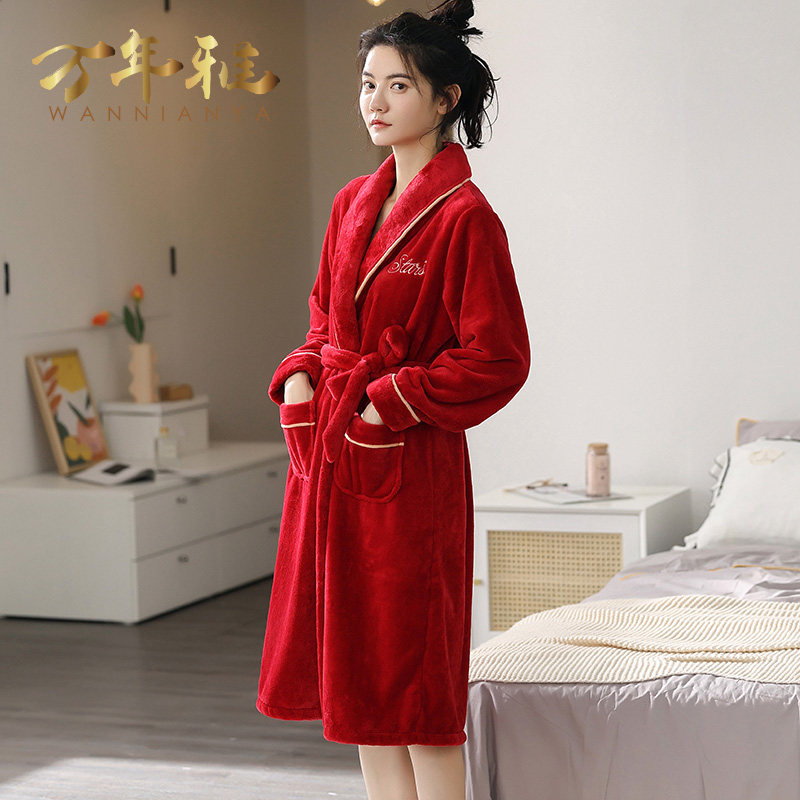 秋冬季珊瑚绒加绒大红婚庆浴袍 万年雅内衣睡袍/浴袍