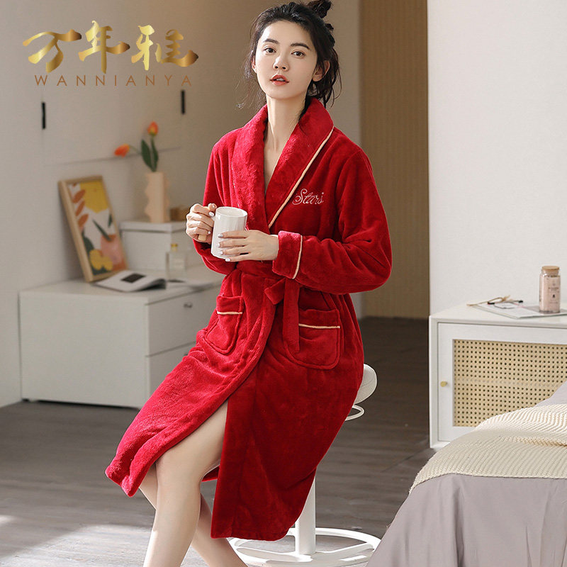 秋冬季珊瑚绒加绒大红婚庆浴袍 万年雅内衣睡袍/浴袍