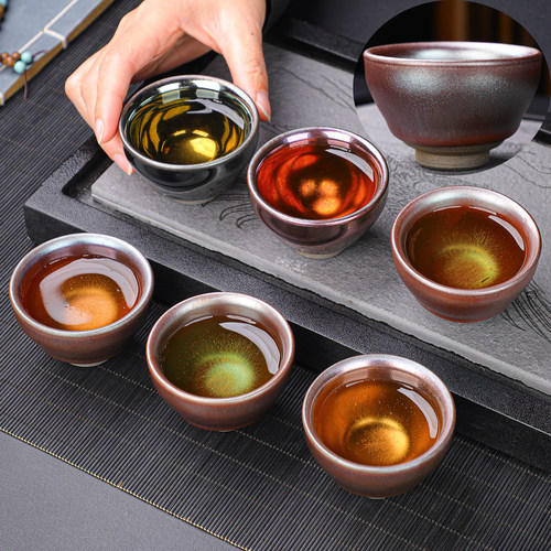 高质感小口径彩金盏杯建盏茶杯6只客人杯喝茶茶碗陶瓷礼盒装轻奢 - 图0