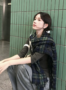 日系绿色格纹丝巾女秋季古早围巾