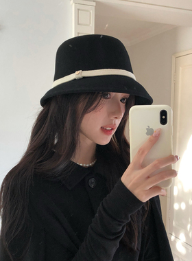法式优雅赫本风羊毛黑色小礼帽女