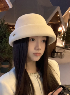 千金风白色小礼帽女羊毛赫本盆帽