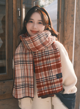 马年新年红色格纹仿羊绒围巾女