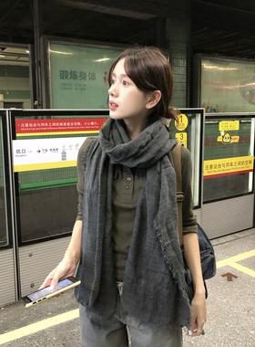 日系文艺棉麻丝巾女流浪毛边围巾