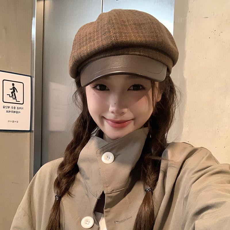 日系复古毛呢拼pu皮八角帽子女秋冬文艺报童帽格纹贝雷帽女画家帽