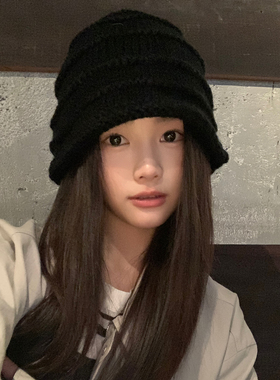 日系复古褶皱针织帽女冬季毛线帽