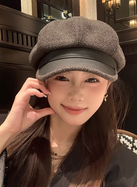 毛呢复古八角帽女秋冬大头报童帽