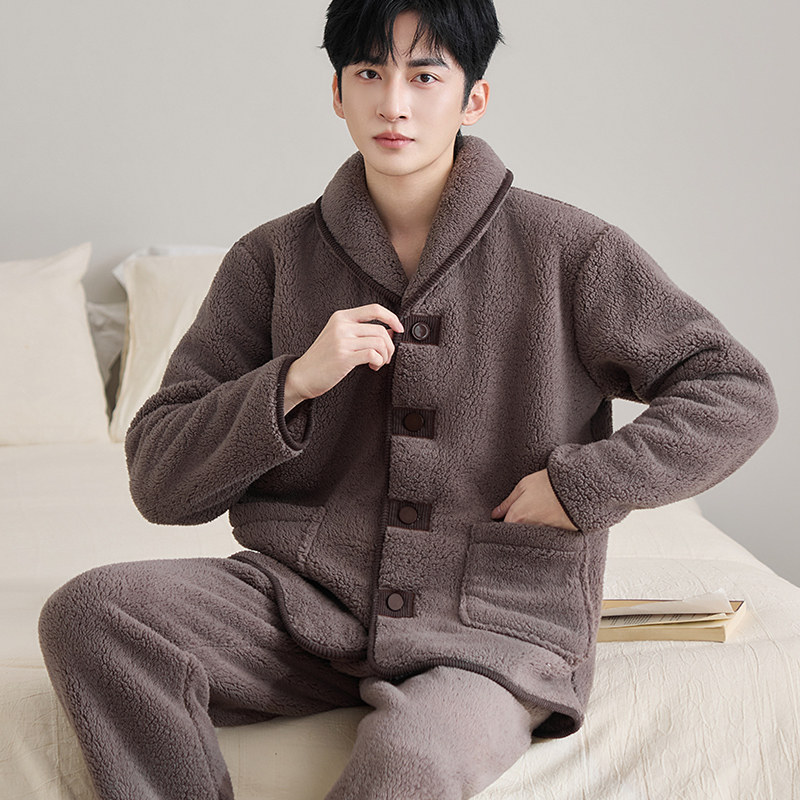 2025秋冬季青果领贴布扣珊瑚绒睡衣加厚咖色大码男士家居服套装,淘宝优惠券,粉丝福利购,淘宝优惠卷