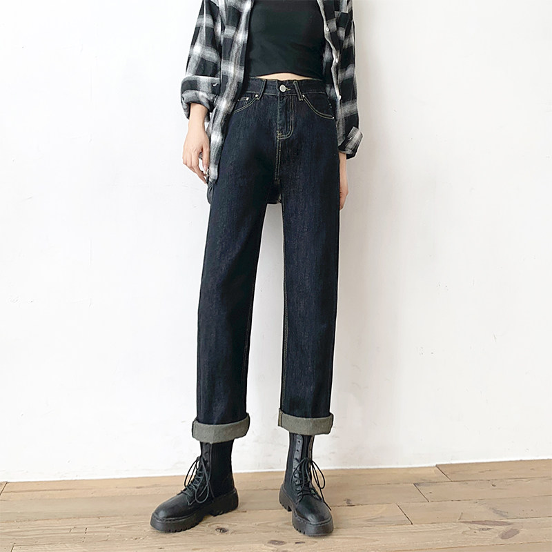 黑色直筒宽松加绒高腰阔腿子牛仔裤 g58服饰牛仔裤