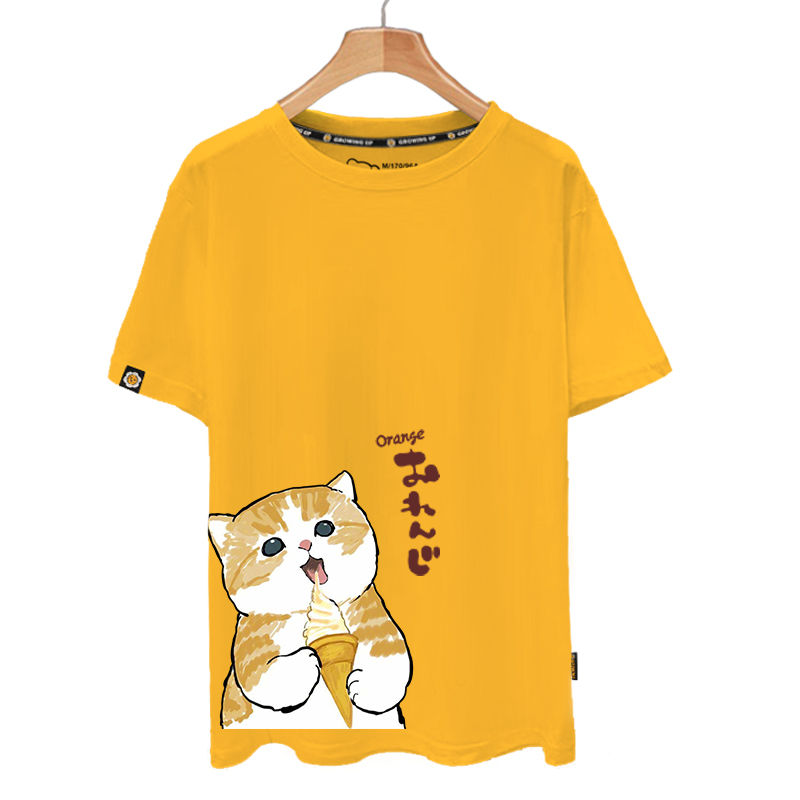 可爱猫咪橘猫冰淇淋呆萌图案纯棉短袖t恤衫男女学生半袖休闲衣服