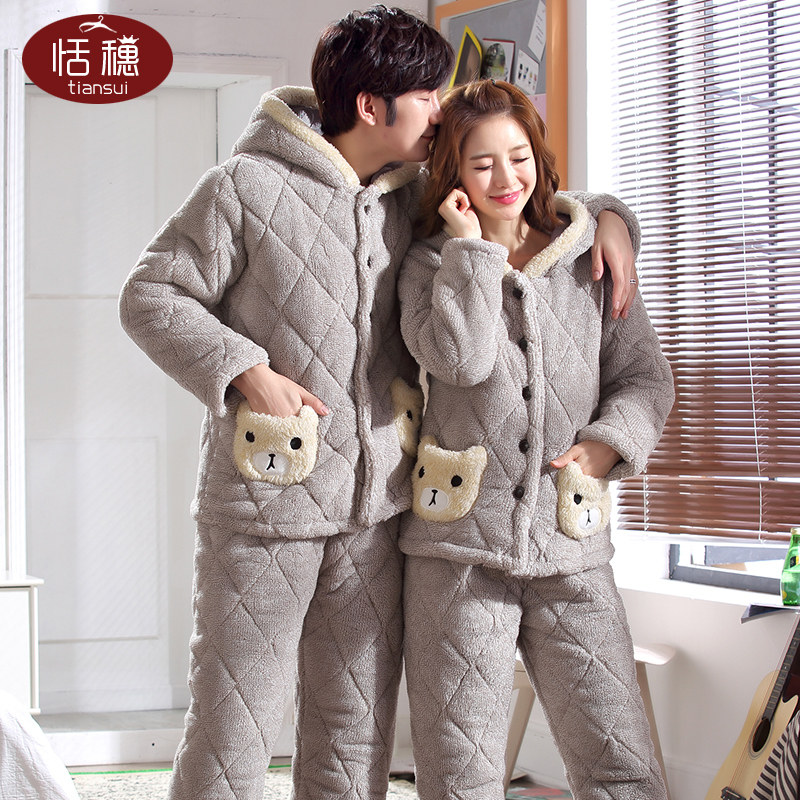 冬季情侣秋冬款法兰绒三层男士睡衣 恬穗睡衣/家居服套装
