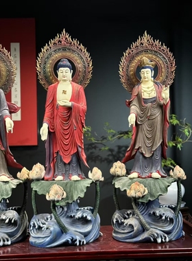 香樟木西方三圣仿古矿物质彩绘摆件实木雕刻木雕公司酒店玄关送礼