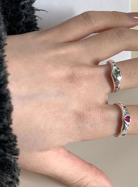 小众复古设计七彩色锆石戒指女手饰2YK甜酷风潮流开口可调节指环