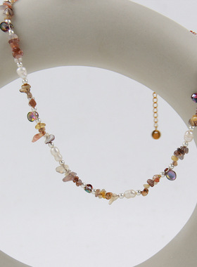 新款彩色淡水珍珠串珠项链女轻奢感小香风水晶锁骨链欧美饰品