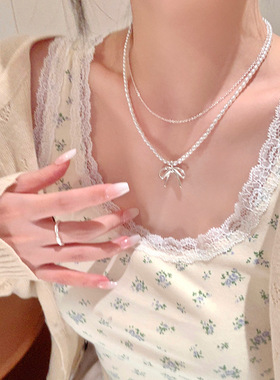 小米珠韩系博主双层珍珠项链女蝴蝶结颈链配饰锁骨链感轻奢