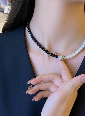 珍珠ins 原创天然黑玛瑙项链法式复古气质冷淡风颈链相思豆锁骨