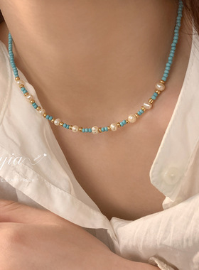 新款淡水珍珠项链百搭时尚潮设计感小清新手工串珠锁骨链颈链女夏