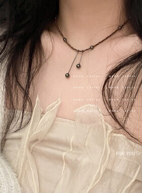 甜酷串珠水晶项链小众设计感锁骨链简约级感毛衣链子网红博主款