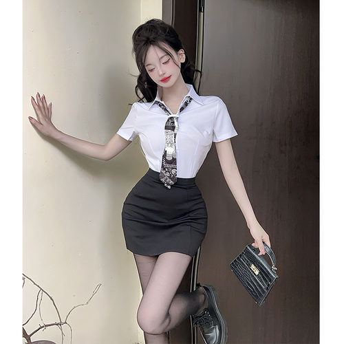酒店前台水疗足浴技师工作制服女配丝巾短袖白衬衫包臀裙两件套装 - 图1