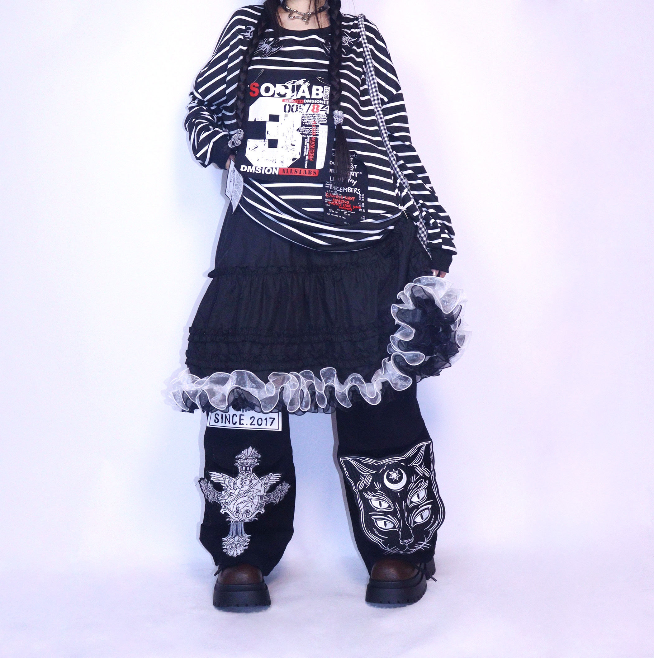 哩弱《奥利奥蛋糕》拼接木耳花边半身裙甜酷松紧腰纯色A字长裙,淘宝优惠券,粉丝福利购,淘宝优惠卷