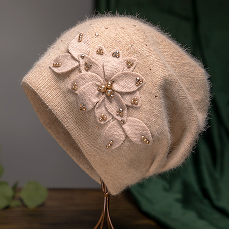 中老年冬季女士针织毛线帽秋冬妈妈兔绒保暖堆堆帽子女款时尚洋气 - 图0