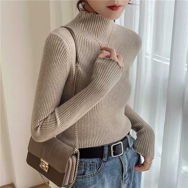 2023 autumn and winter sweet inside with a sweater thickened half -high -neck to beat the bottom shirt, foreign wood ear ear women's top