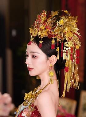 金色中式新娘秀禾服头饰古风汉服龙凤褂结婚凤冠霞帔古装婚礼发饰